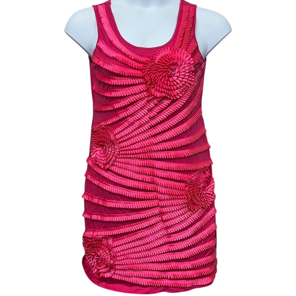 Vienna Dress Womens Large Pink Pleated Rosette Tank 100% Cotton Party Mini‎